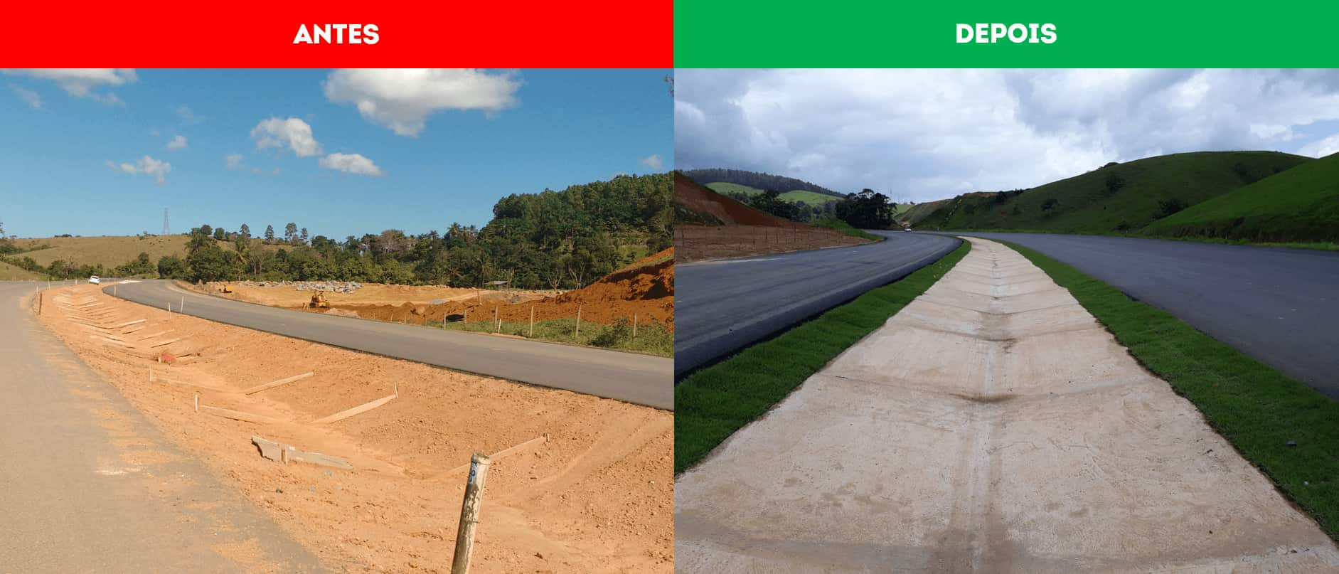 Grama em rodovia antes e depois